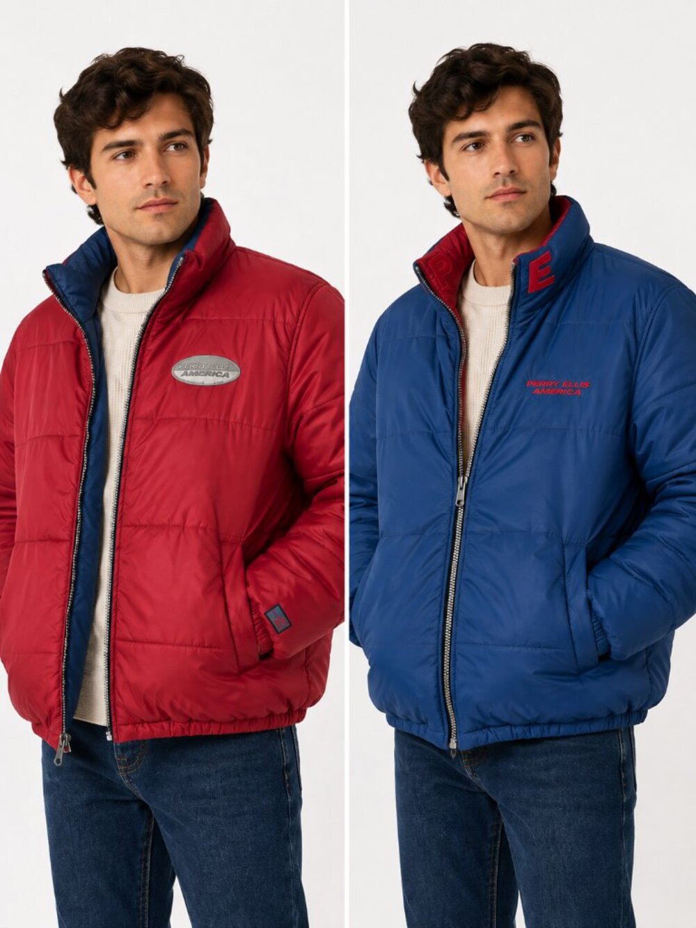 Perry Ellis Reversible Puffer Jacket Blue & Red Vintage 90s XL USA